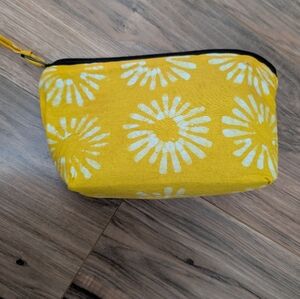 Yellow And White Handprinted Cosmetic Bag